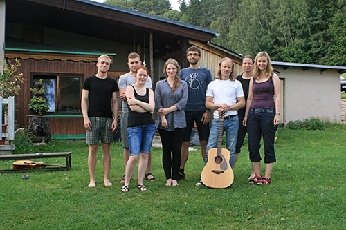 mass photo of summer camp with guitar leadership from 2017