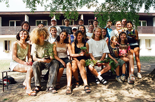 mass photo of summer camp with guitar from 2003